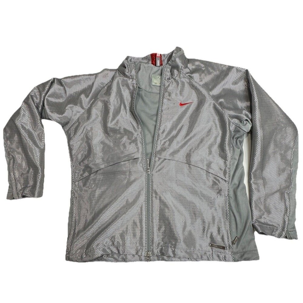 Nike Women Metallic Silver Full Zip Jacket Size Large Vtg Y2K 2004